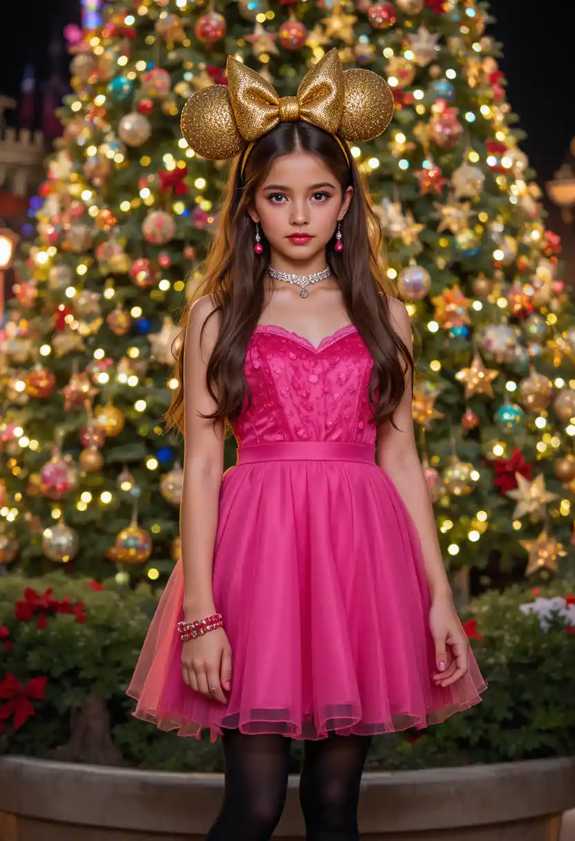 Tween girl in pink dress before Disneyland Christmas tree