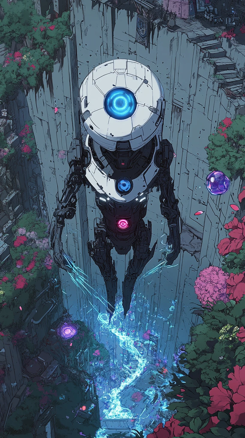 Adorável robô florista em estilo anime em uma floricultura futurista