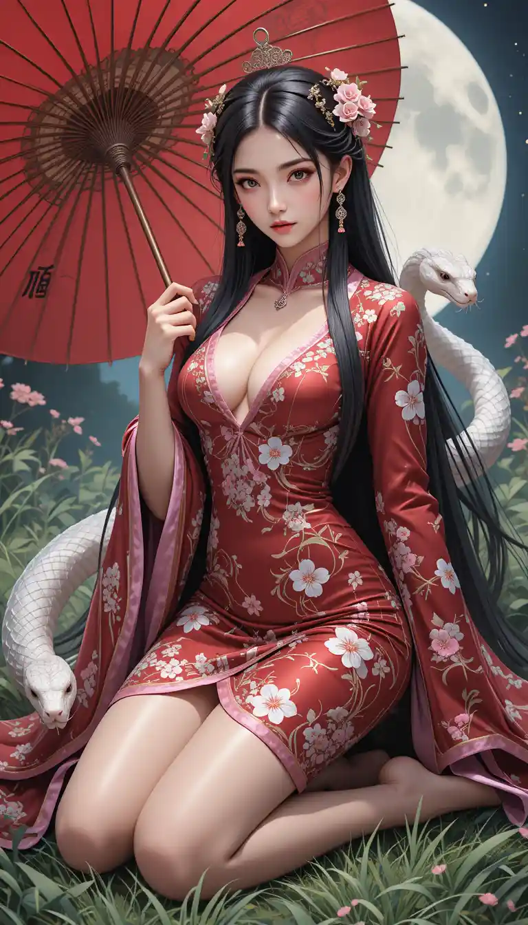 Regale imperatrice pirata anime inginocchiata con un serpente bianco