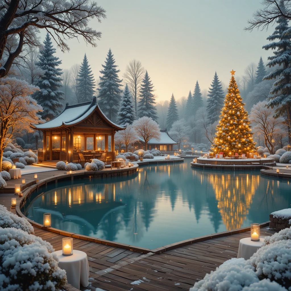 Magico giardino invernale sul lago con gazebo e lanterne