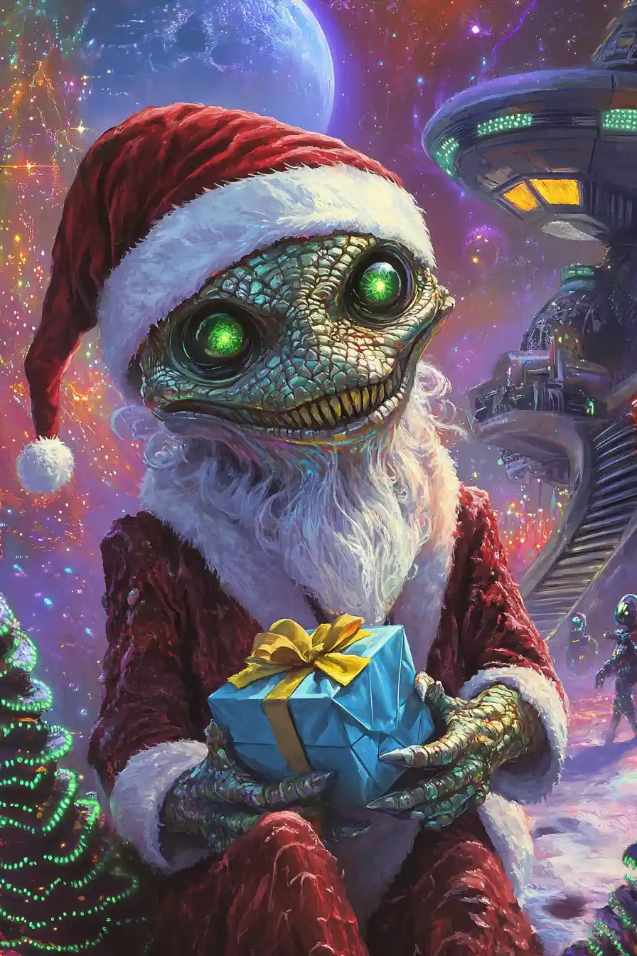 Close up of a smiling alien Santa with gift