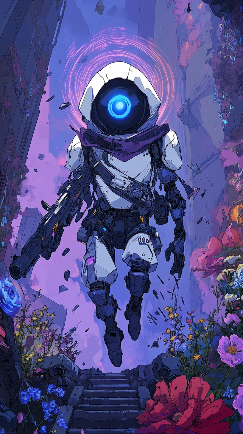 Fofo robô florista em estilo anime em uma floricultura futurista