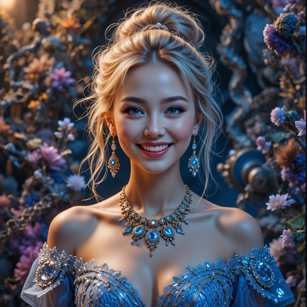 Joyful blonde woman in blue dress with futuristic backdrop