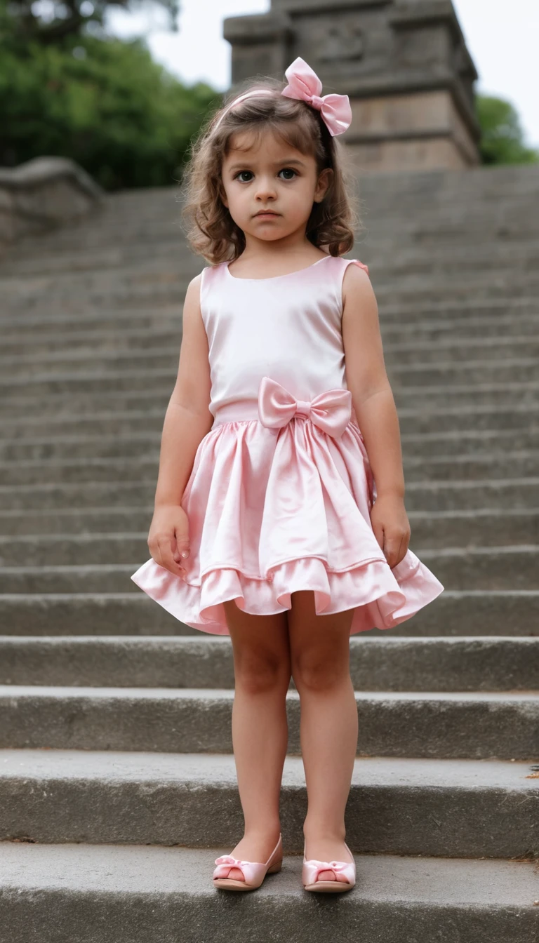 Young girl in pink dress climbing stone steps outdoors