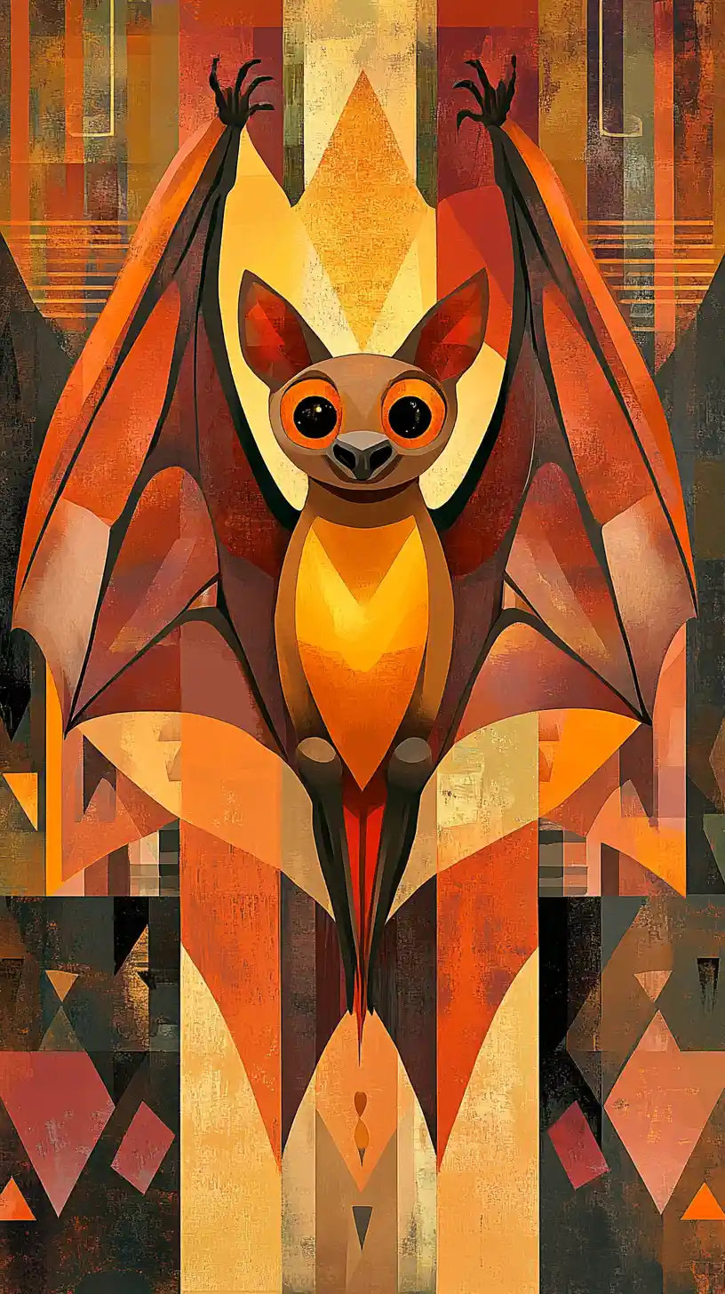 Cubist bat with wide wings in playful abstract shapes