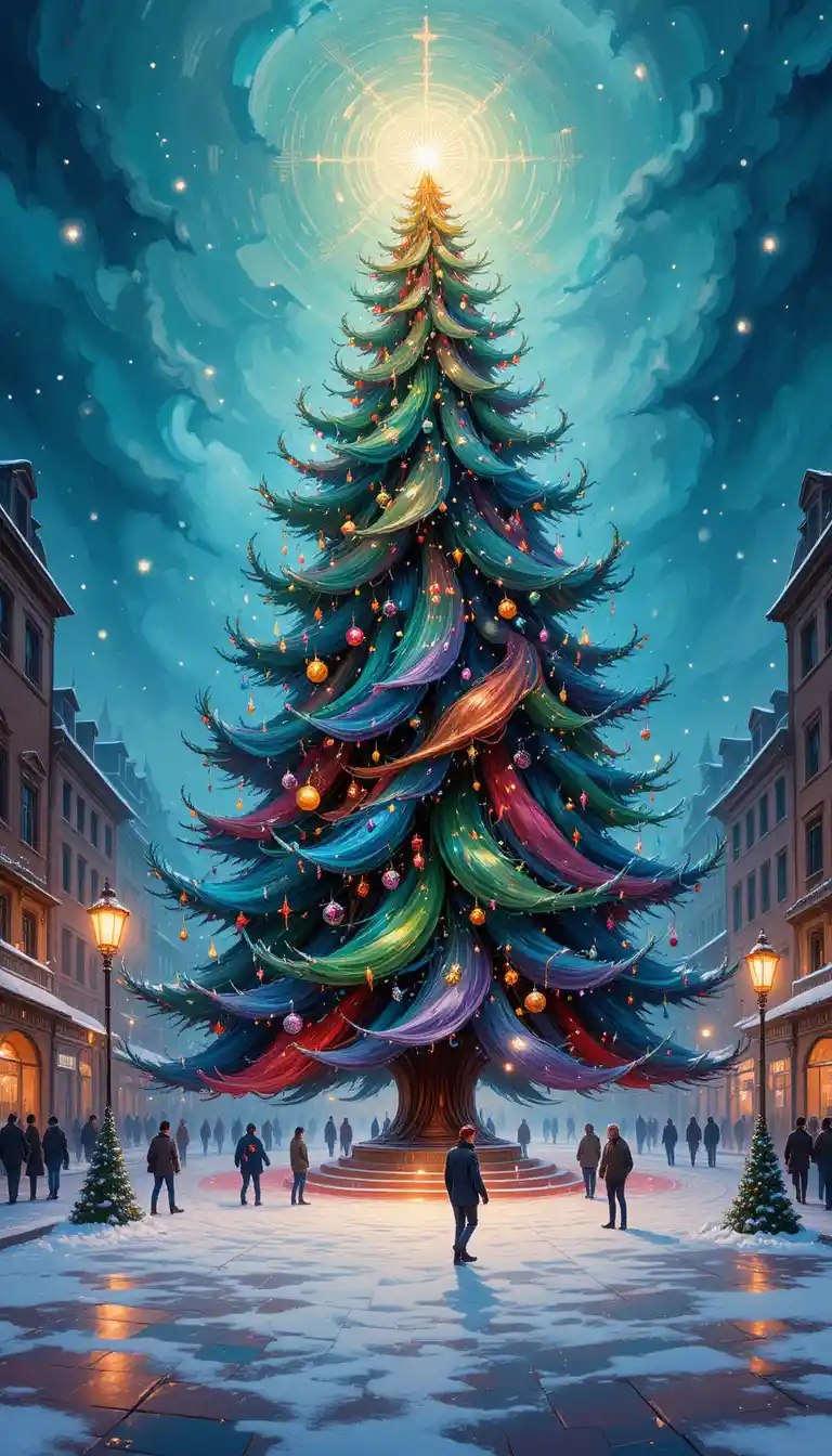 Árvore de Natal abstrata e brilhante em uma praça nevada