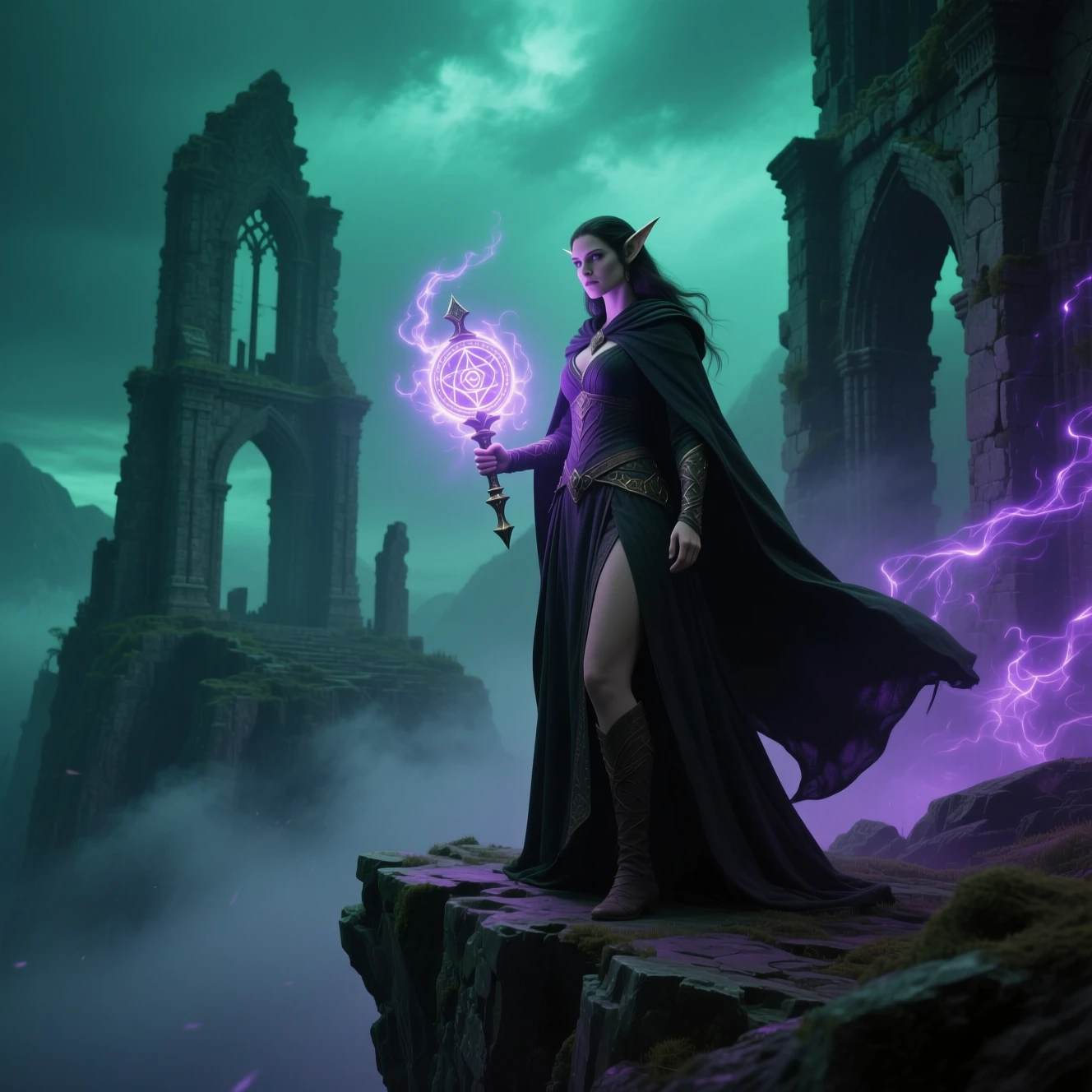 Elven heroine holding a glowing artifact in ancient ruins
