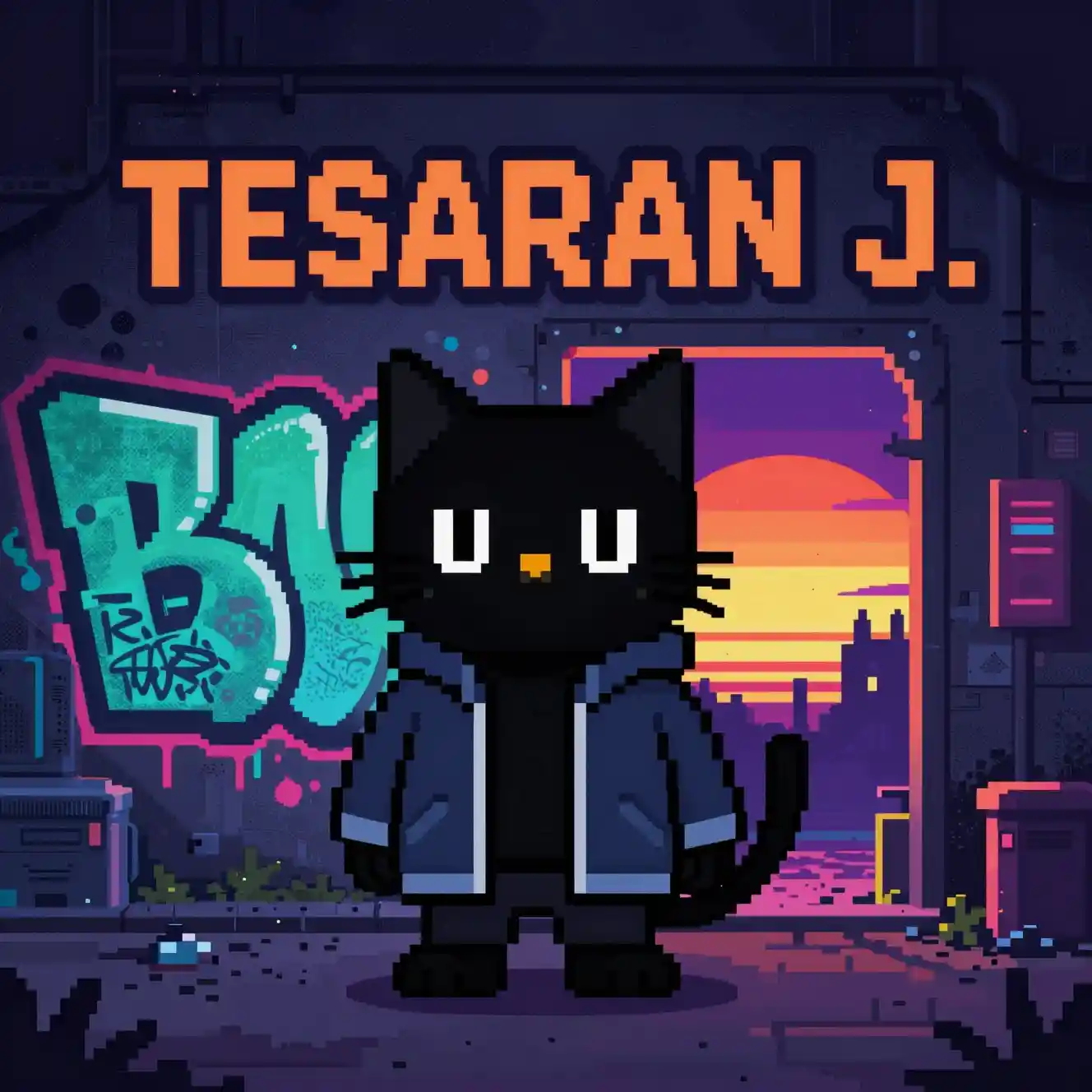 Anthropomorphic black cat in neon alley pixel art scene
