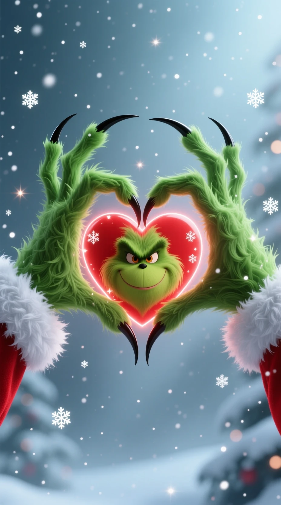 Green furry monster hands forming a glowing heart frame