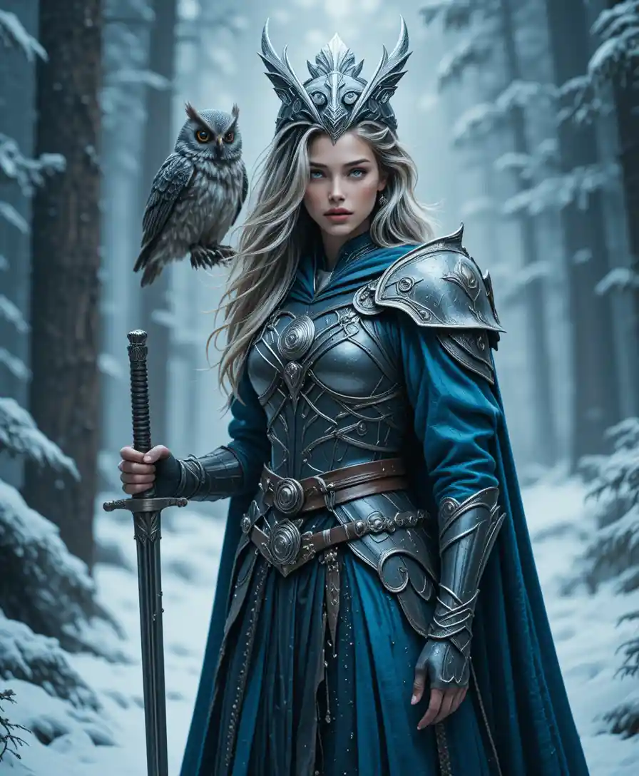 Fantasy-Kriegerkönigin in Rüstung in einem nebligen verschneiten Wald