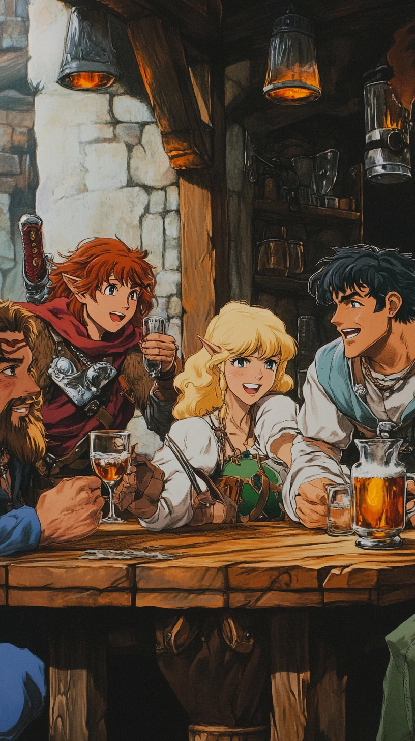 Compagnons aventuriers partageant nourriture et bière dans une taverne médiévale