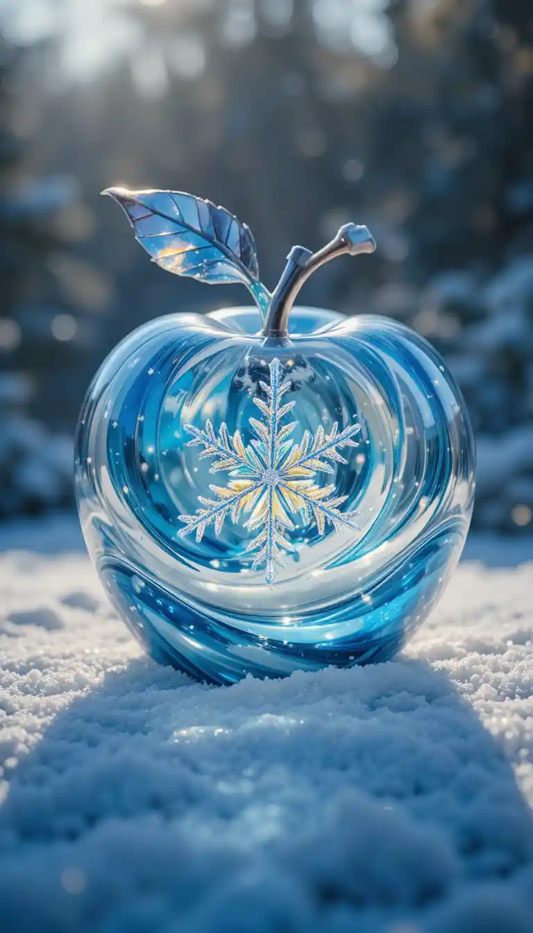 Glass apple with snowflake resting in sparkling snow
