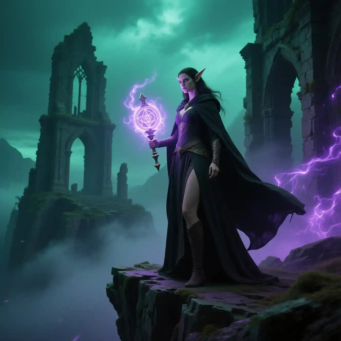 Elven heroine holding a glowing artifact in ancient ruins