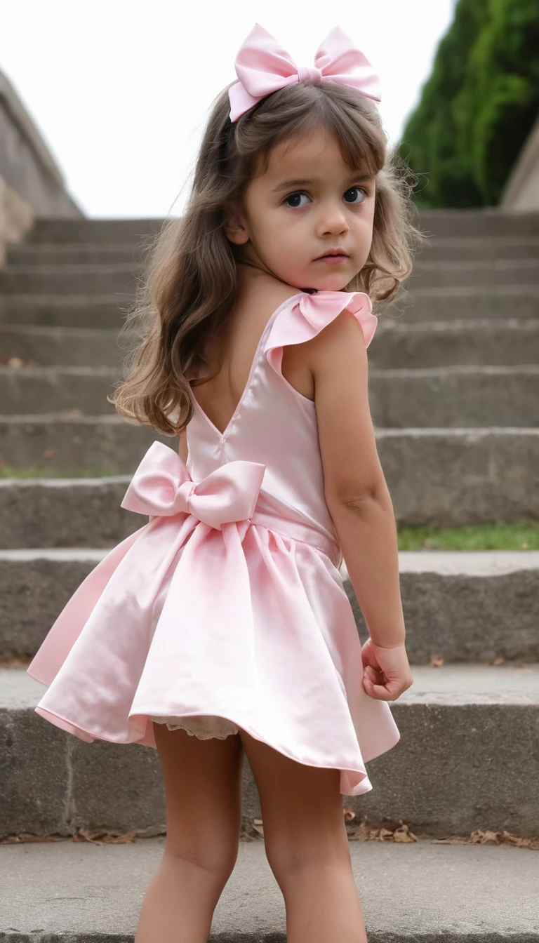 Bambina in abito rosa che sale i gradini di pietra all’aperto