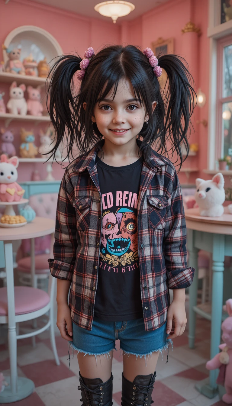 頹廢風少女在可愛咖啡廳的全身肖像