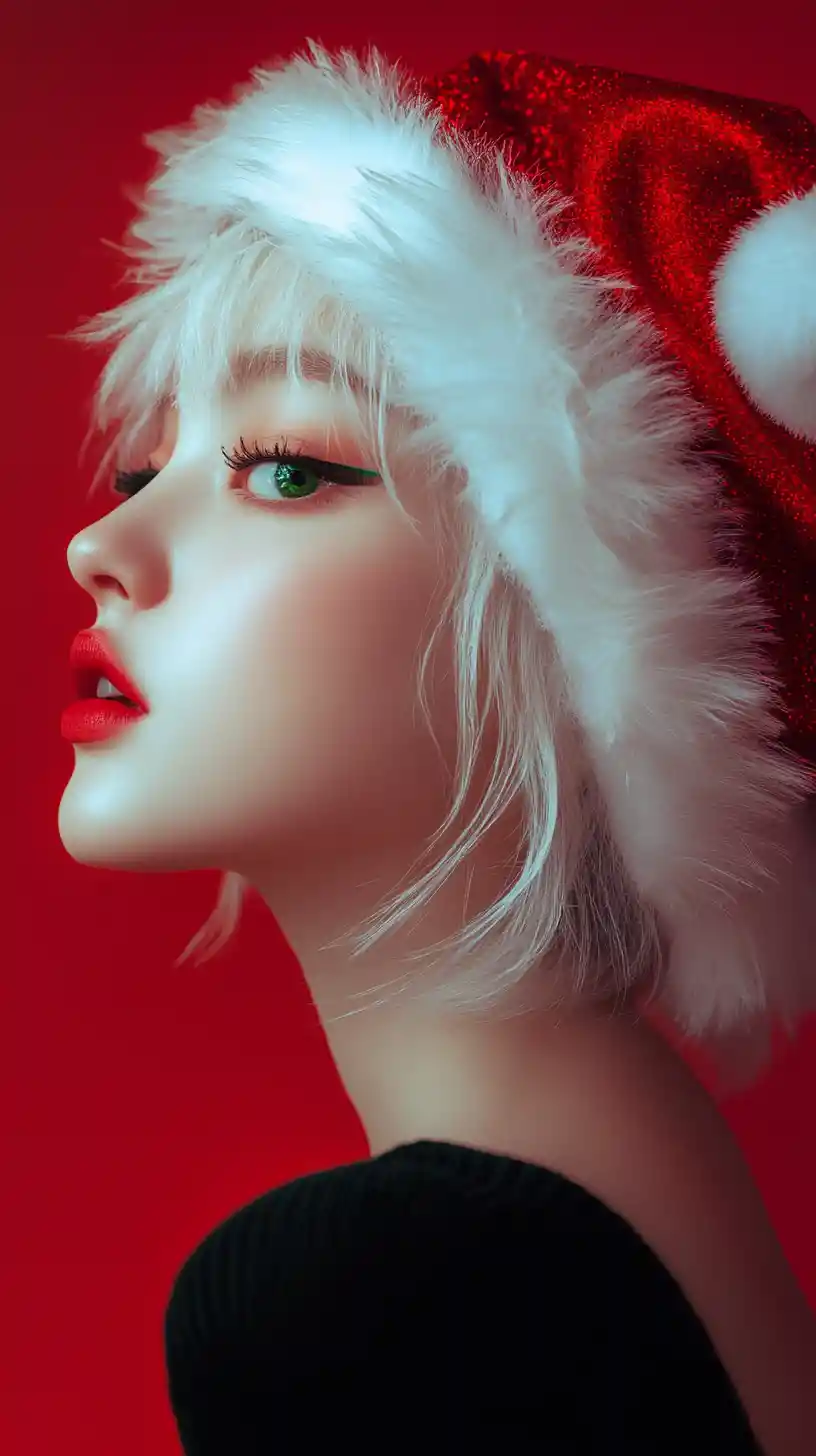 Ragazza elegante con cappello di Babbo Natale su sfondo rosso vivace