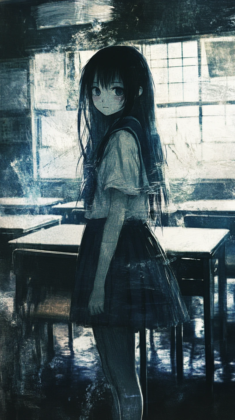 Melancholic anime schoolgirl in a dim Japanese classroom