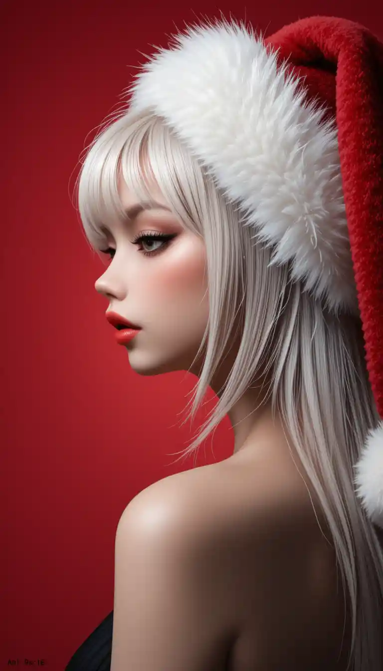 Elegant girl in red Santa hat on vibrant red background