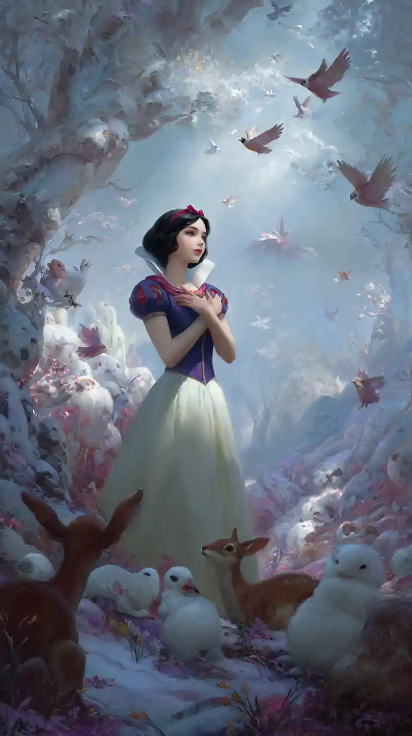 Moderne Fantasy-Mädchen in verschneiter Welt mit kleinen Tieren