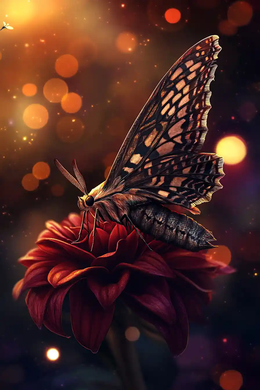 Hawk moth on twisted crimson flower in dark surreal scene
