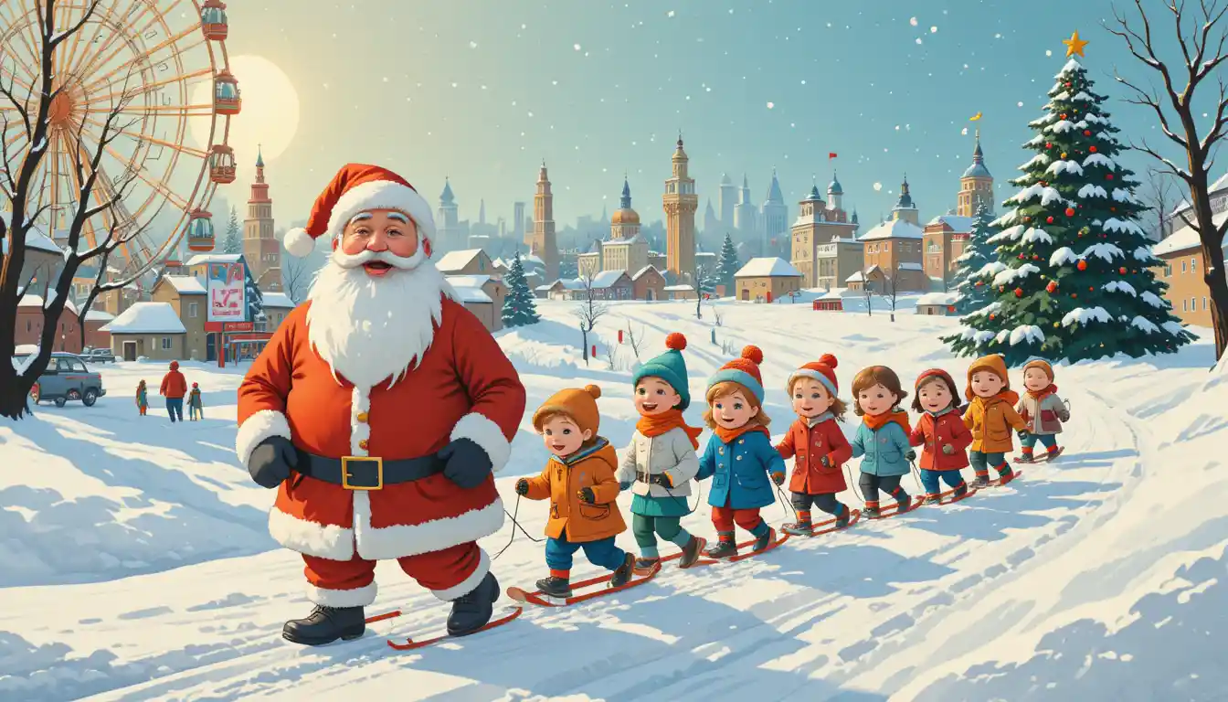 Père Noël joyeux de style soviétique marchant avec des enfants dans la neige