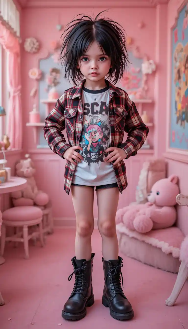 Young grunge girl in a pastel kawaii cafe interior