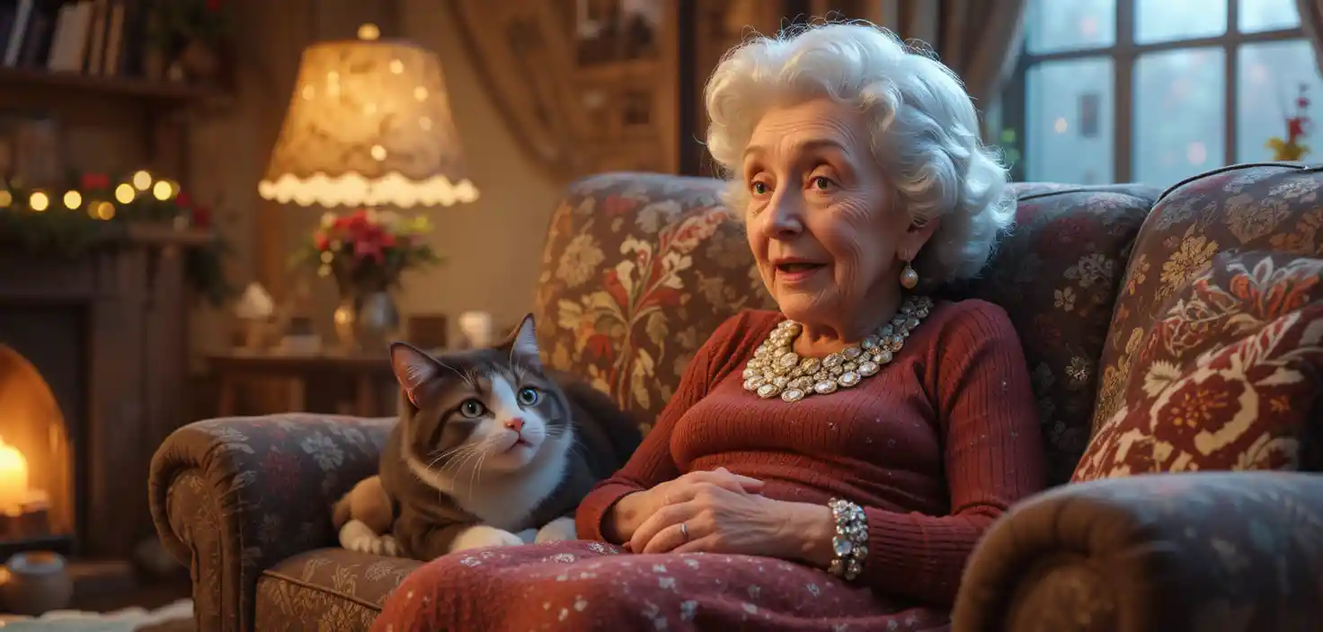 Mujer mayor pasando una tranquila noche de Navidad con su gato