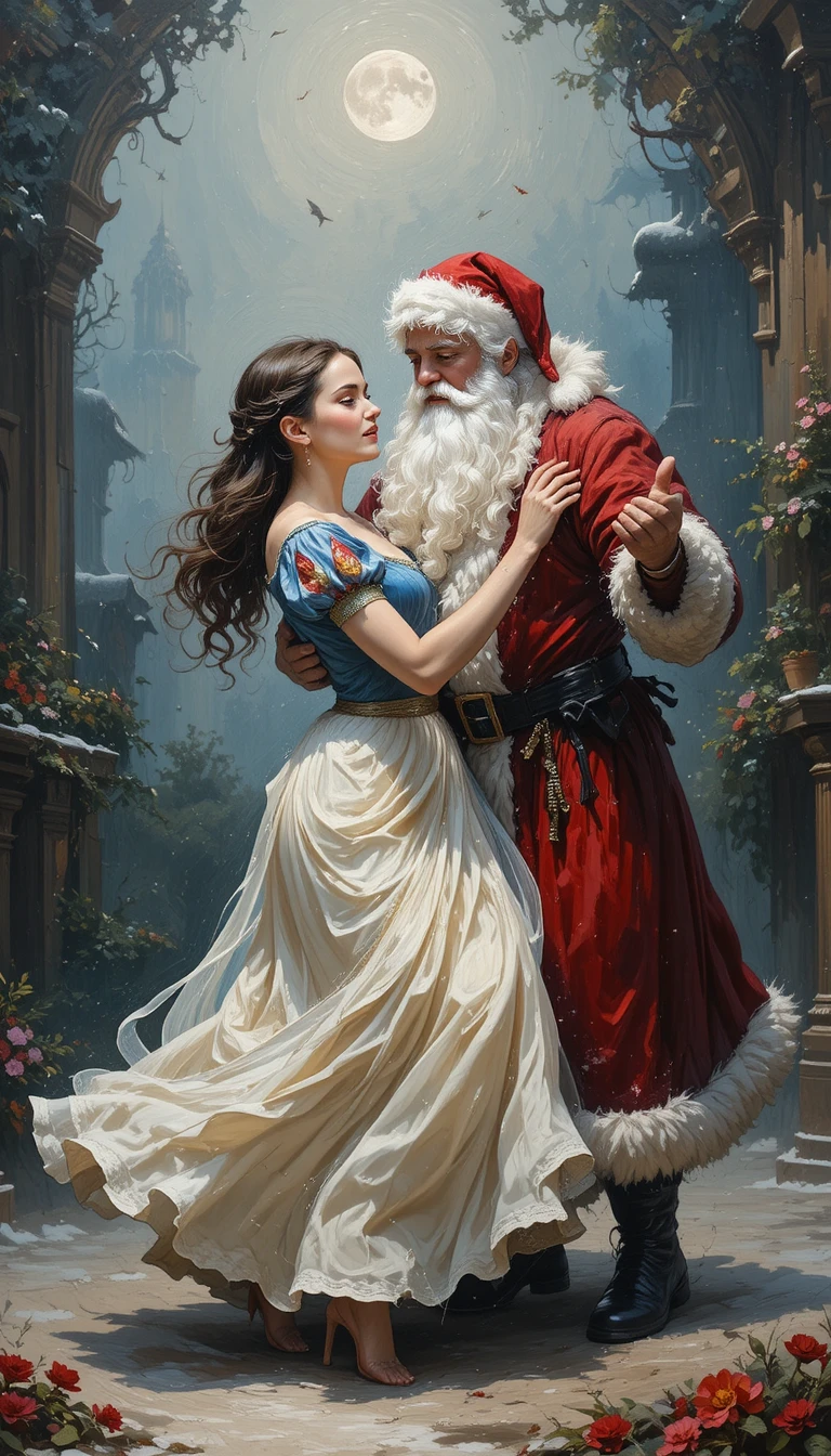 Papai Noel Dançando Alegremente com uma Princesa de Conto de Fadas