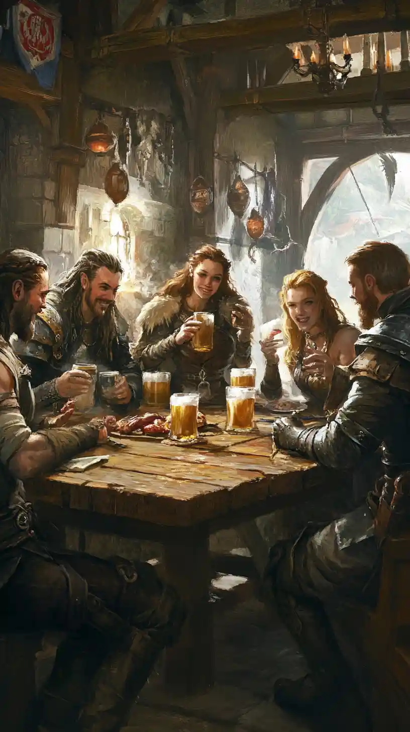 Fantasy adventuring party feasting in a medieval tavern