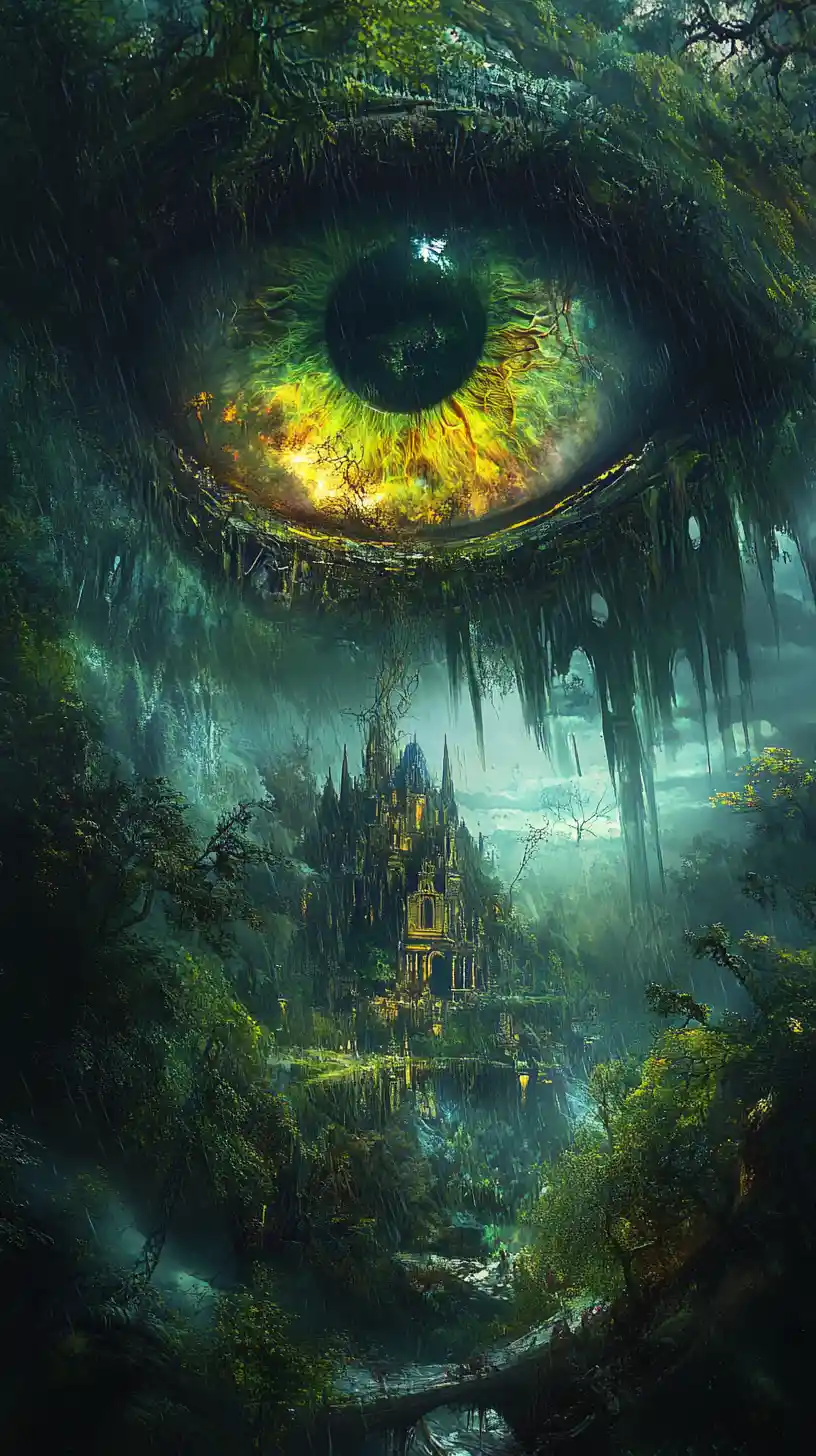 Paisaje surrealista de ojo gigantesco con mansión y lluvia