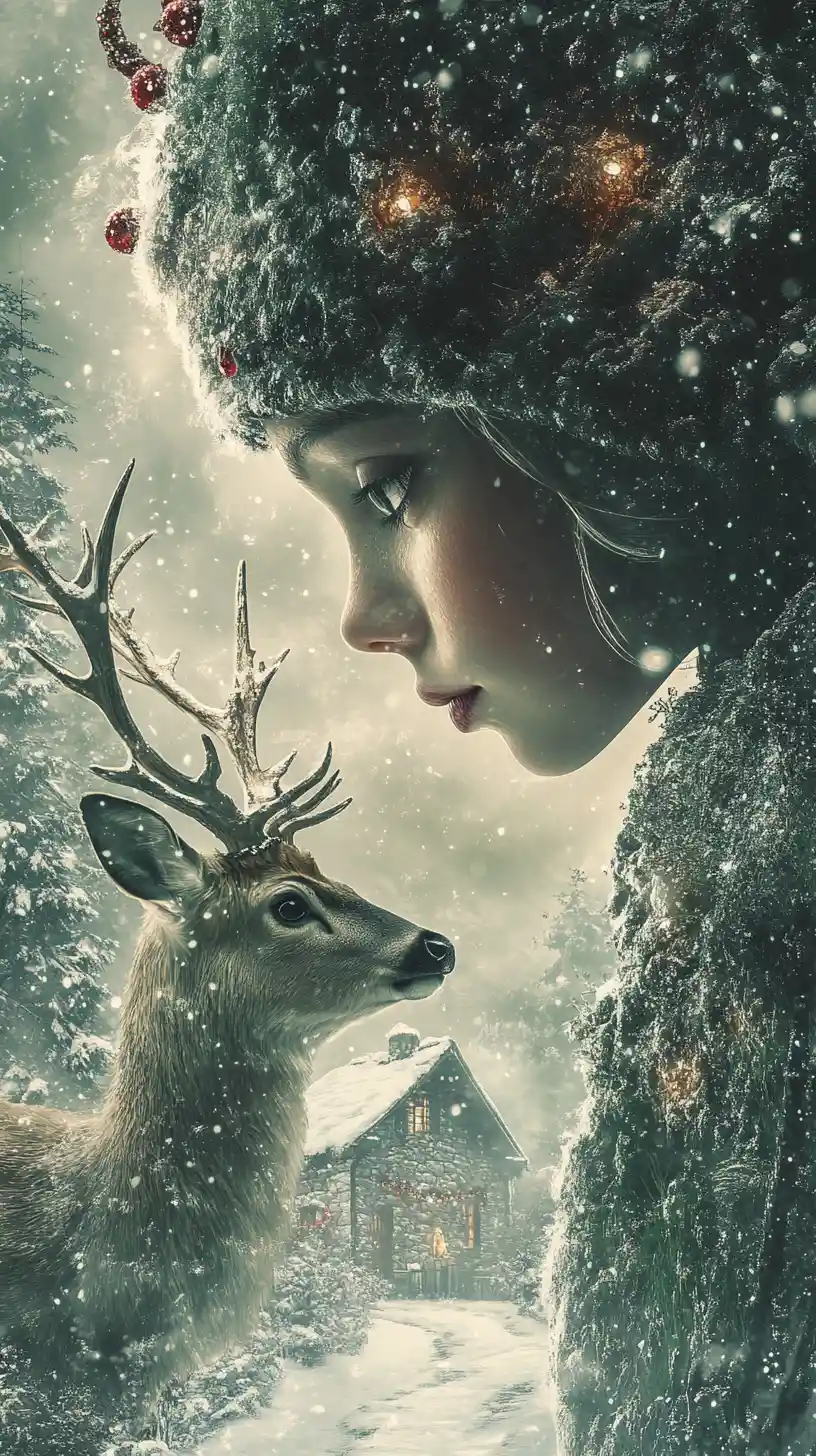 Elfo de Navidad y ciervo fusionados en una escena de bosque de ensueño