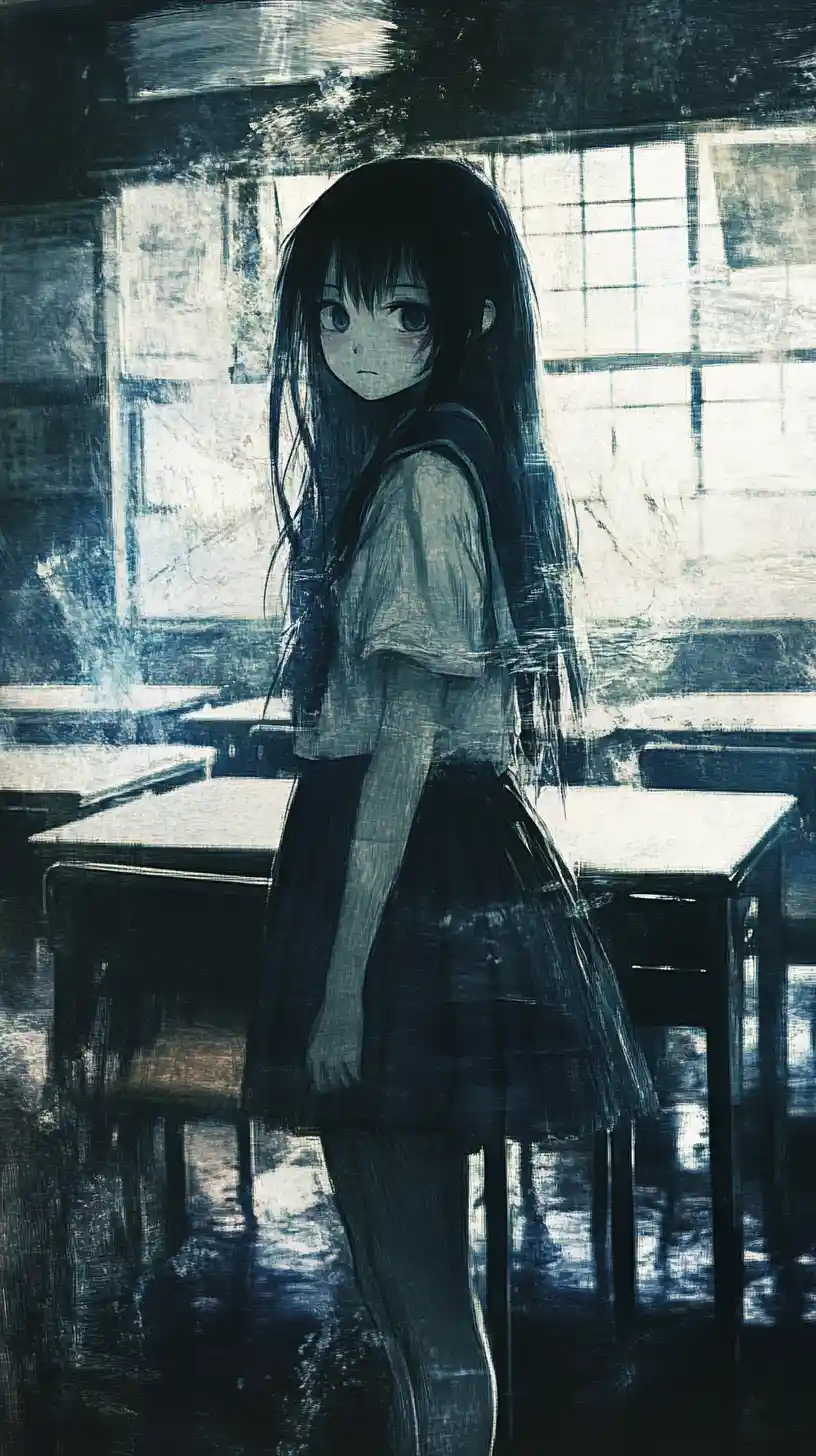 Melancholic anime schoolgirl in a dim Japanese classroom
