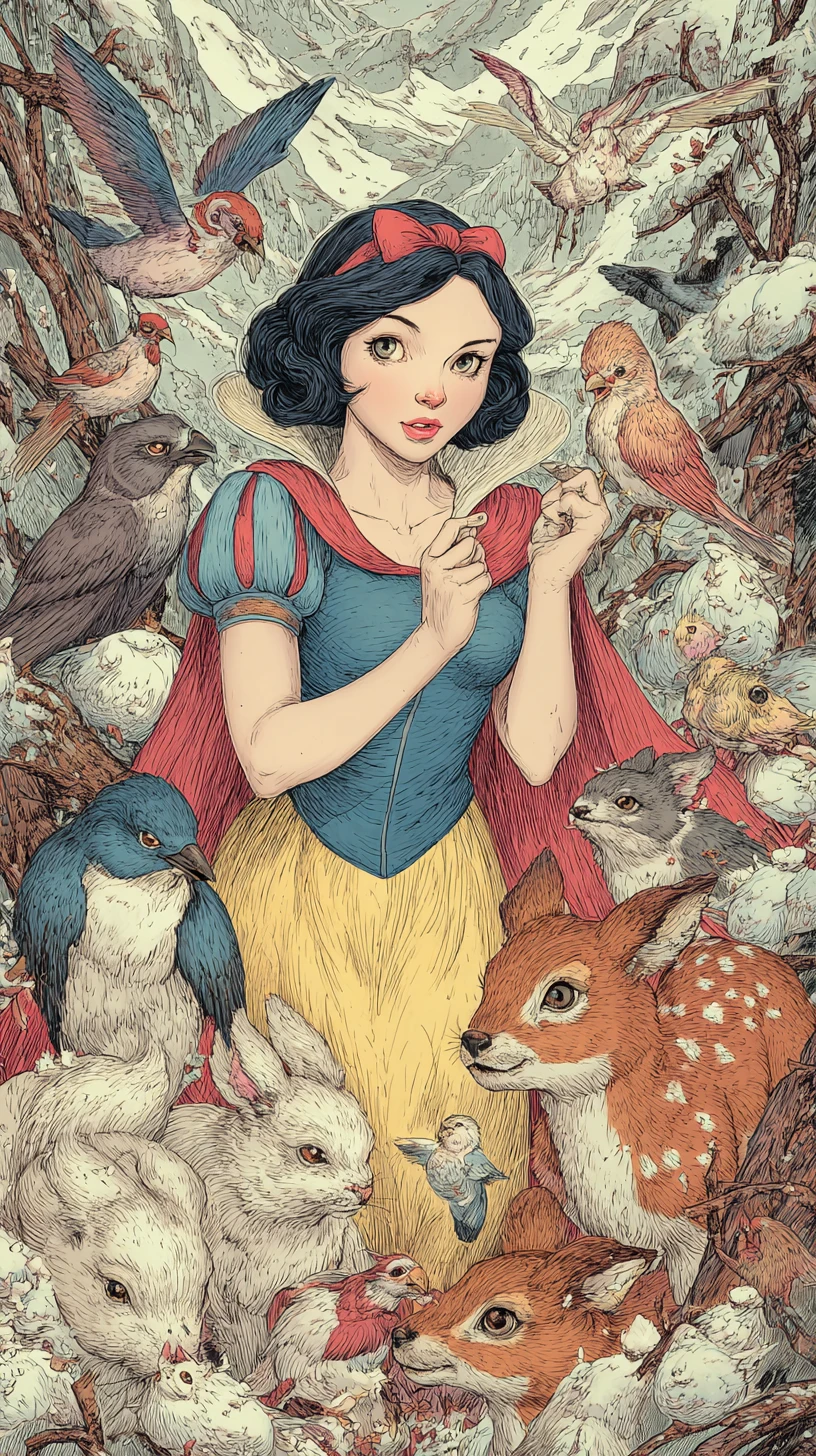 Modern fantasy princess in a snowy world with forest animals