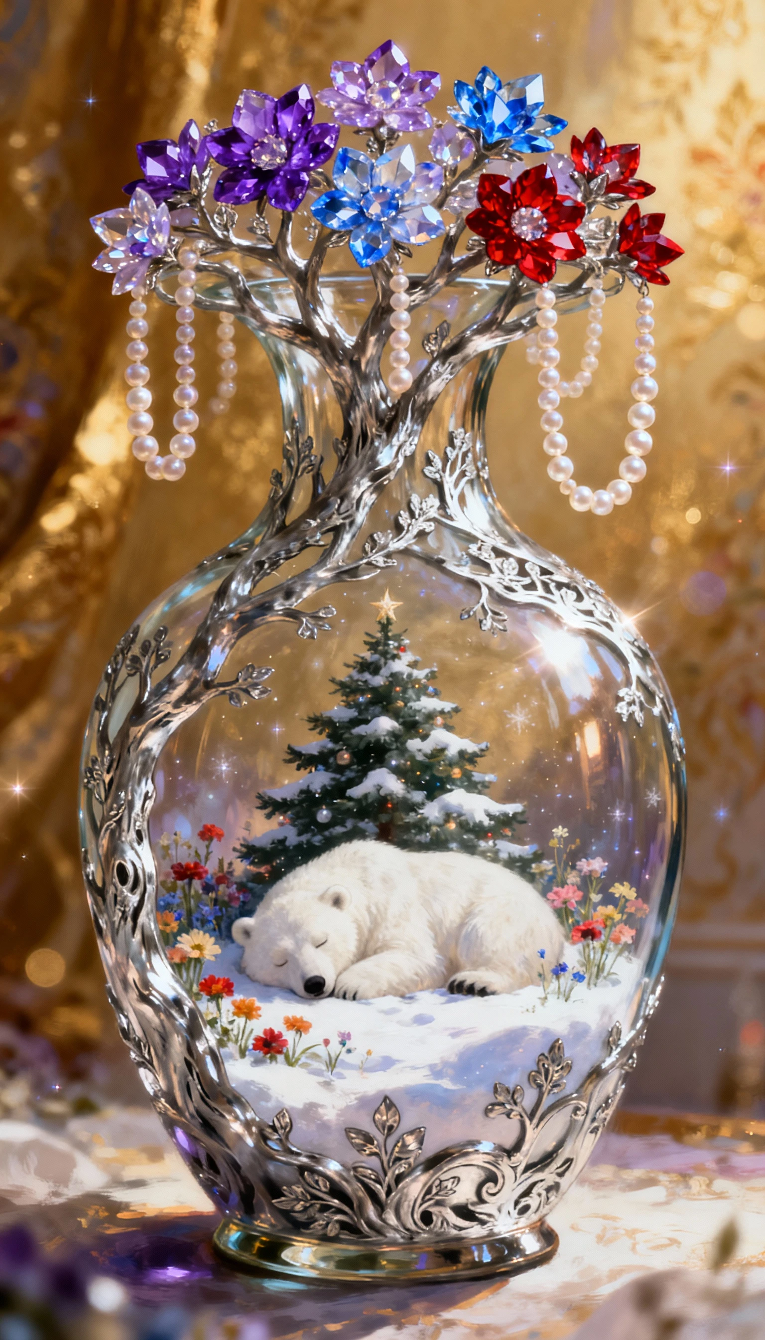 Vaso di vetro decorato con albero d’argento e fiori di cristallo