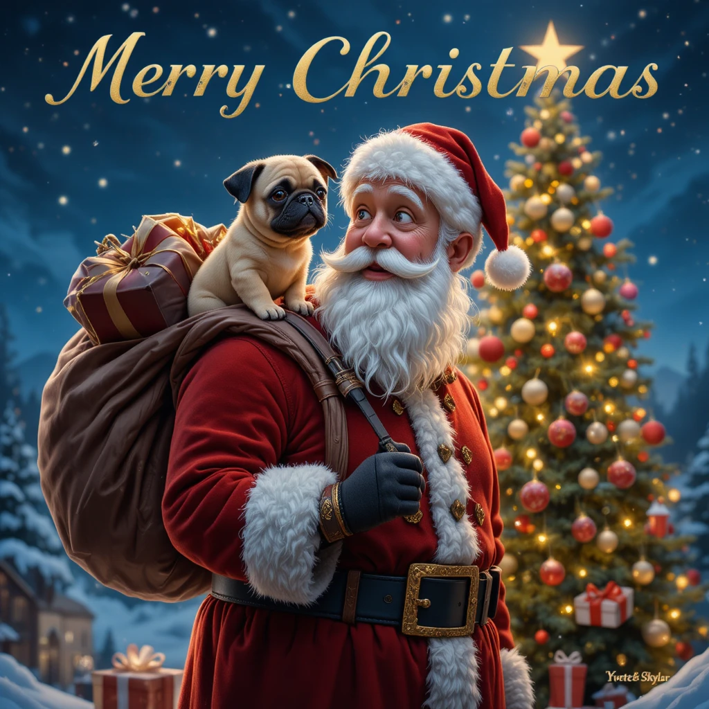 Babbo Natale cartoon che tiene in braccio un carlino accanto a un albero di Natale decorato