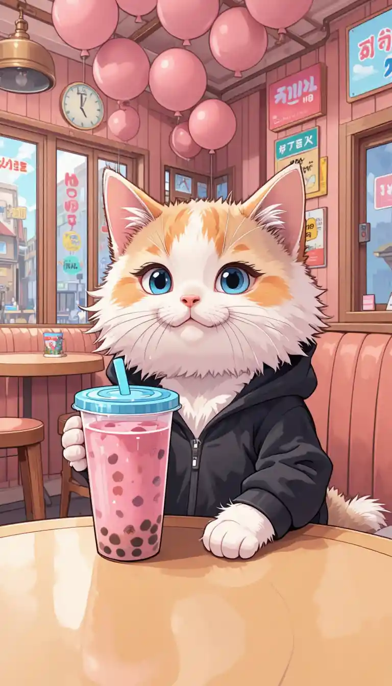 Cute white cat in a hoodie at a colorful cafe table