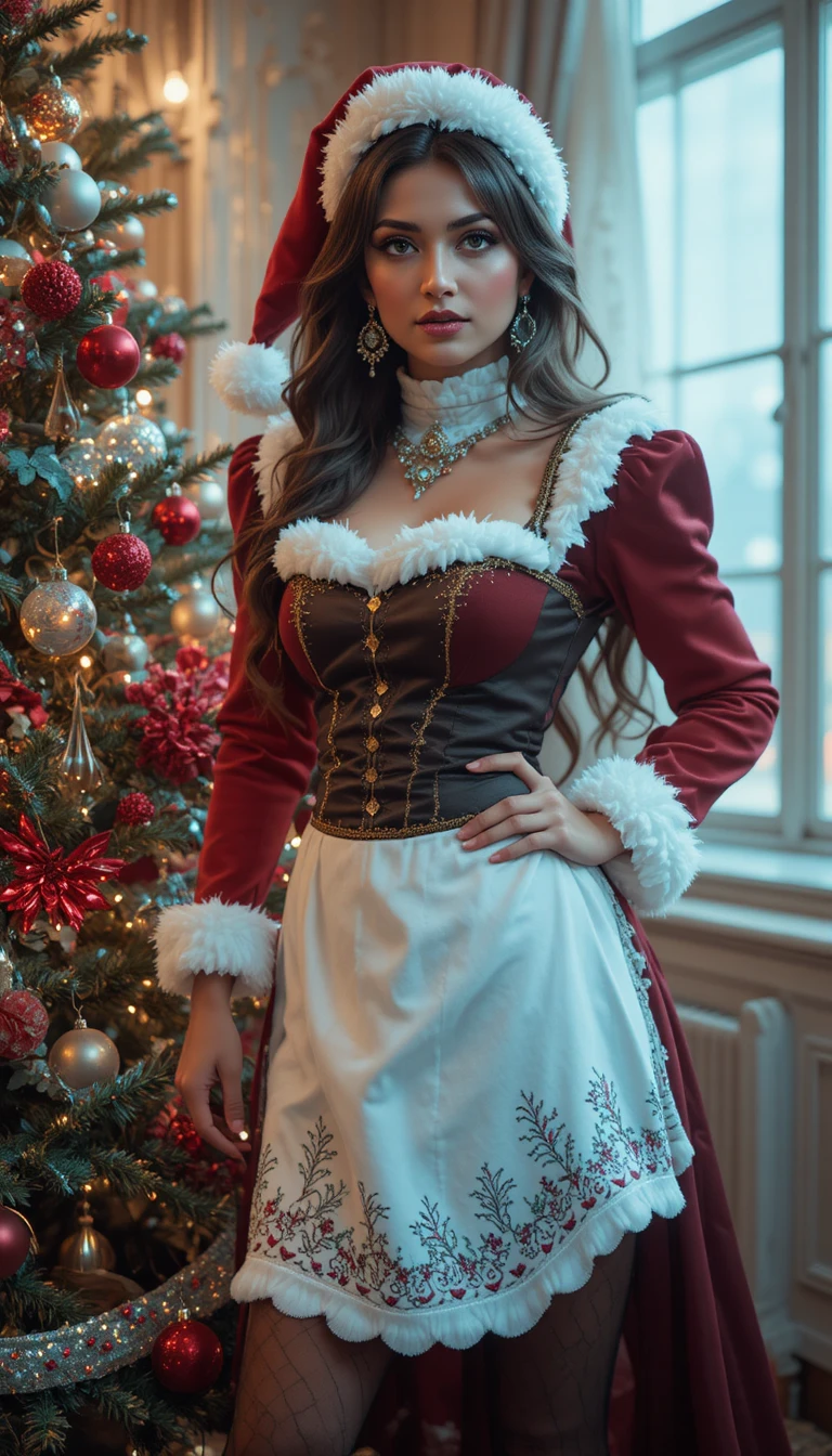 Sensuale costume di Mrs Claus in posa accanto a un albero di Natale decorato