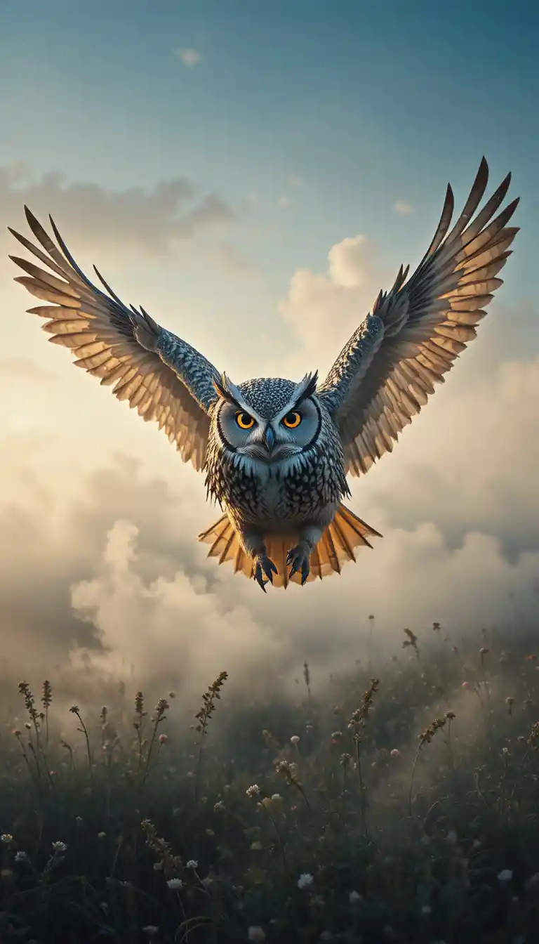 Owl Gliding Low Over A Misty Meadow At Dawn