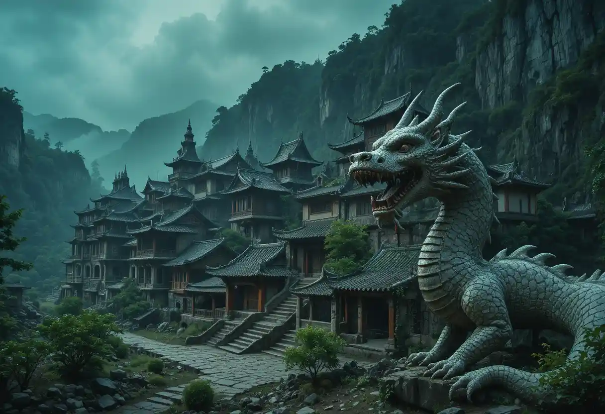 Ancient ruined Chinese city in a misty mountain swamp