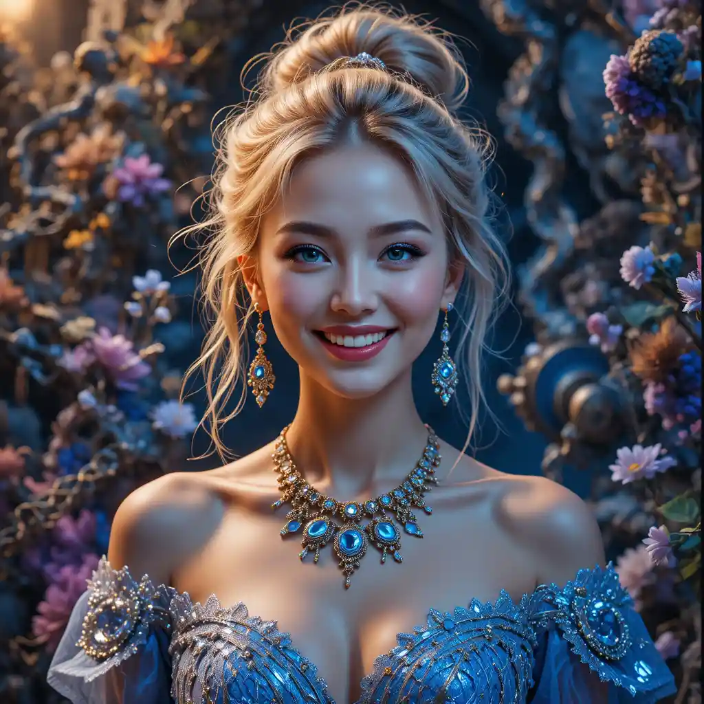 Joyful blonde woman in blue dress with futuristic backdrop