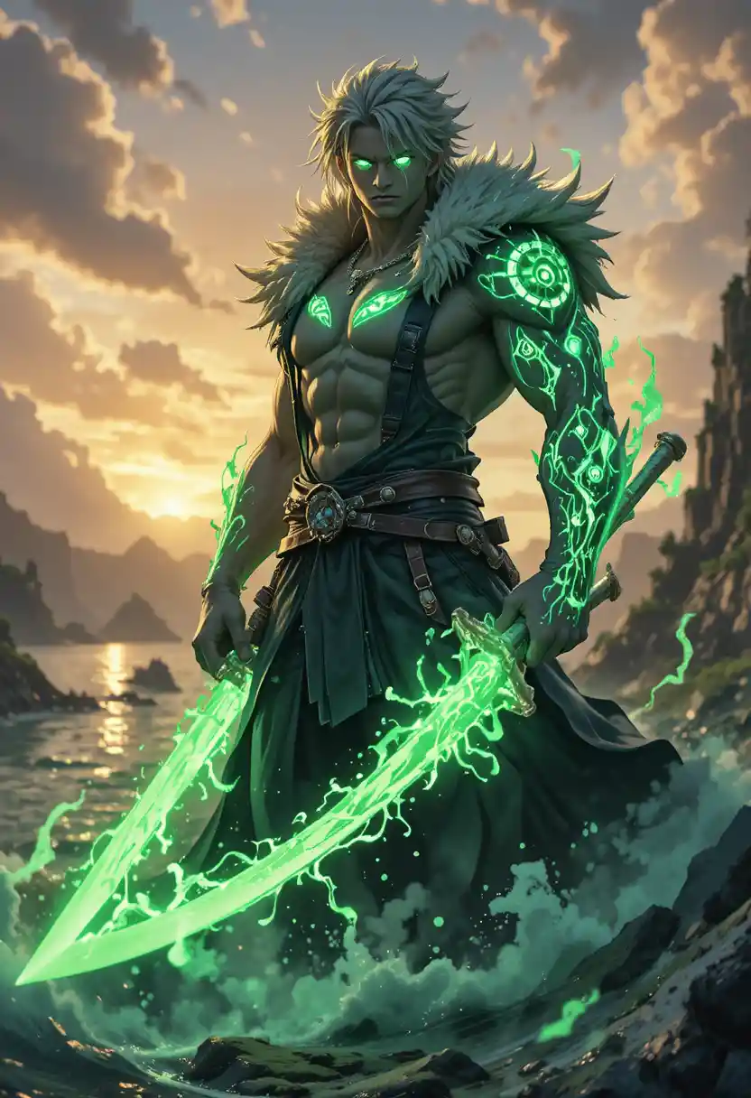 Scarred anime warrior with glowing rune sword