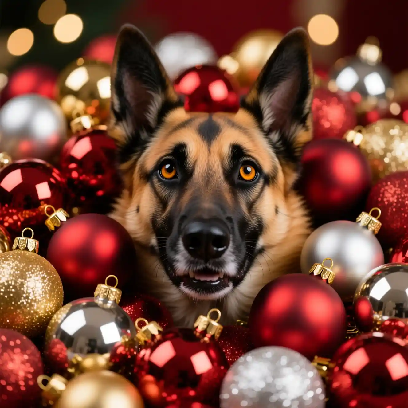 Musetto di Belgian Malinois tra scintillanti decorazioni natalizie
