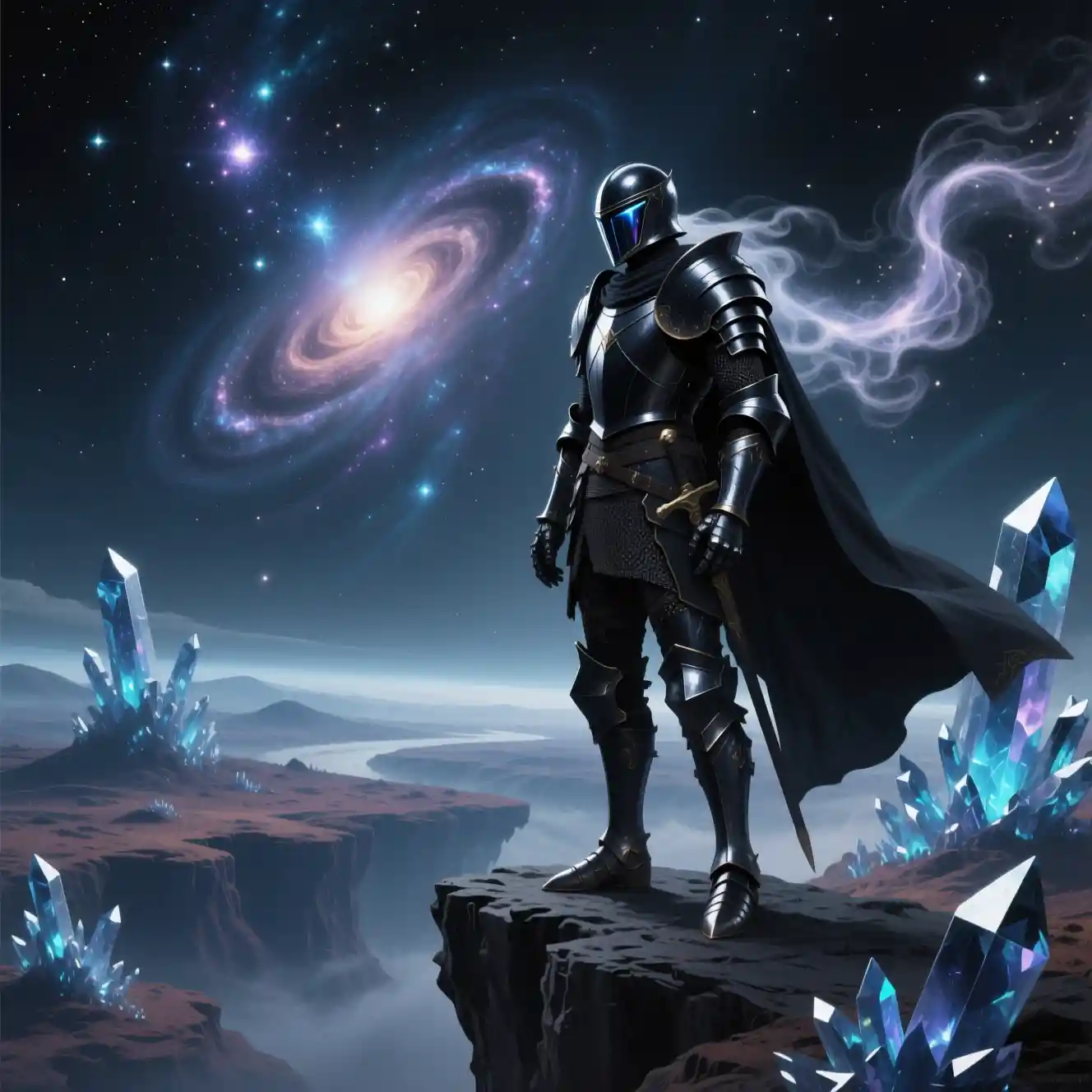 Cavaliere oscura in armatura sopra una turbinante nebulosa cosmica