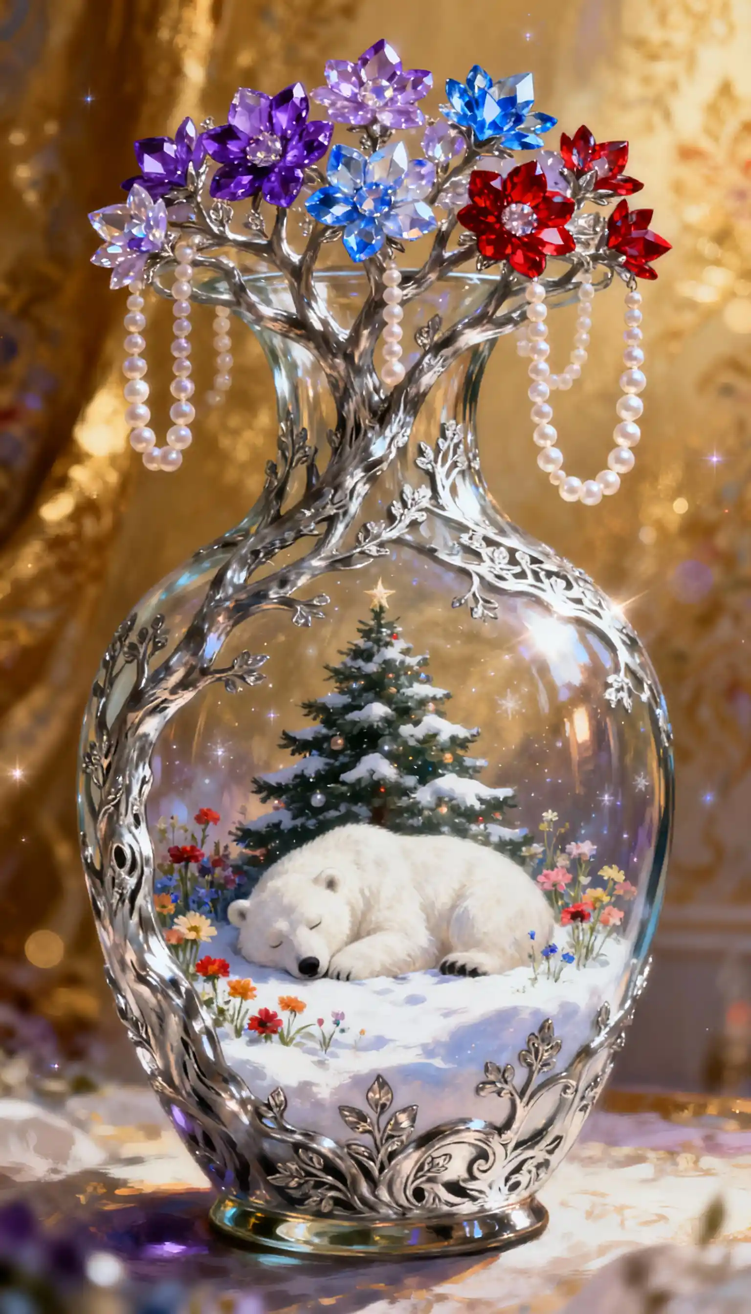 Vaso di vetro decorato con albero d’argento e fiori di cristallo