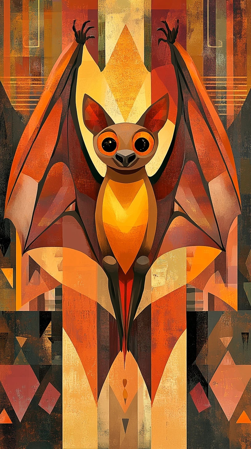 Cubist bat with wide wings in playful abstract shapes