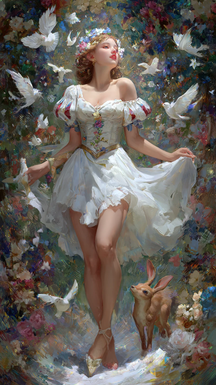 Principessa fantasy moderna in un mondo innevato con animali