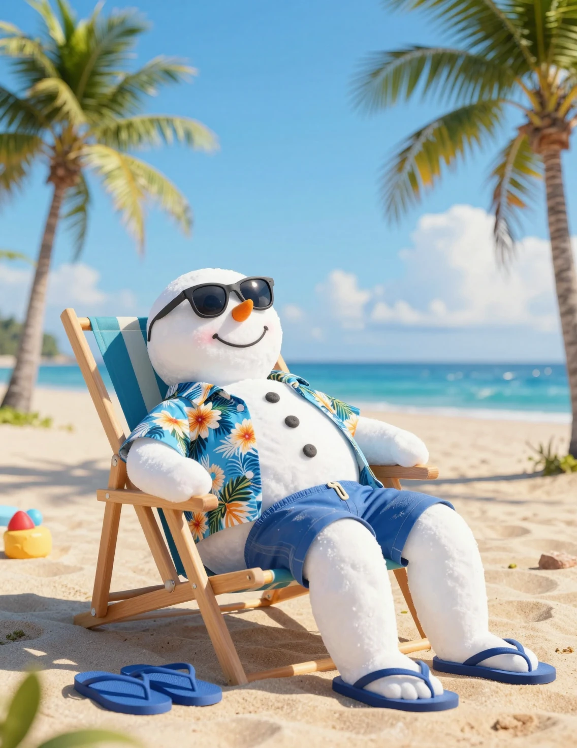 Bonhomme de neige se relaxant sur une chaise de plage au soleil tropical