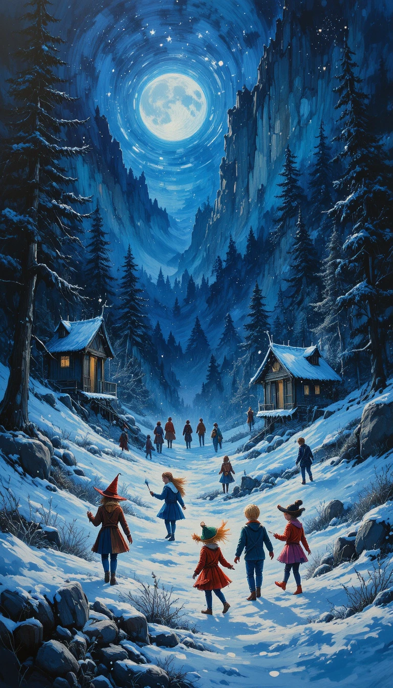 Children exploring a whimsical winter fantasy landscape at night