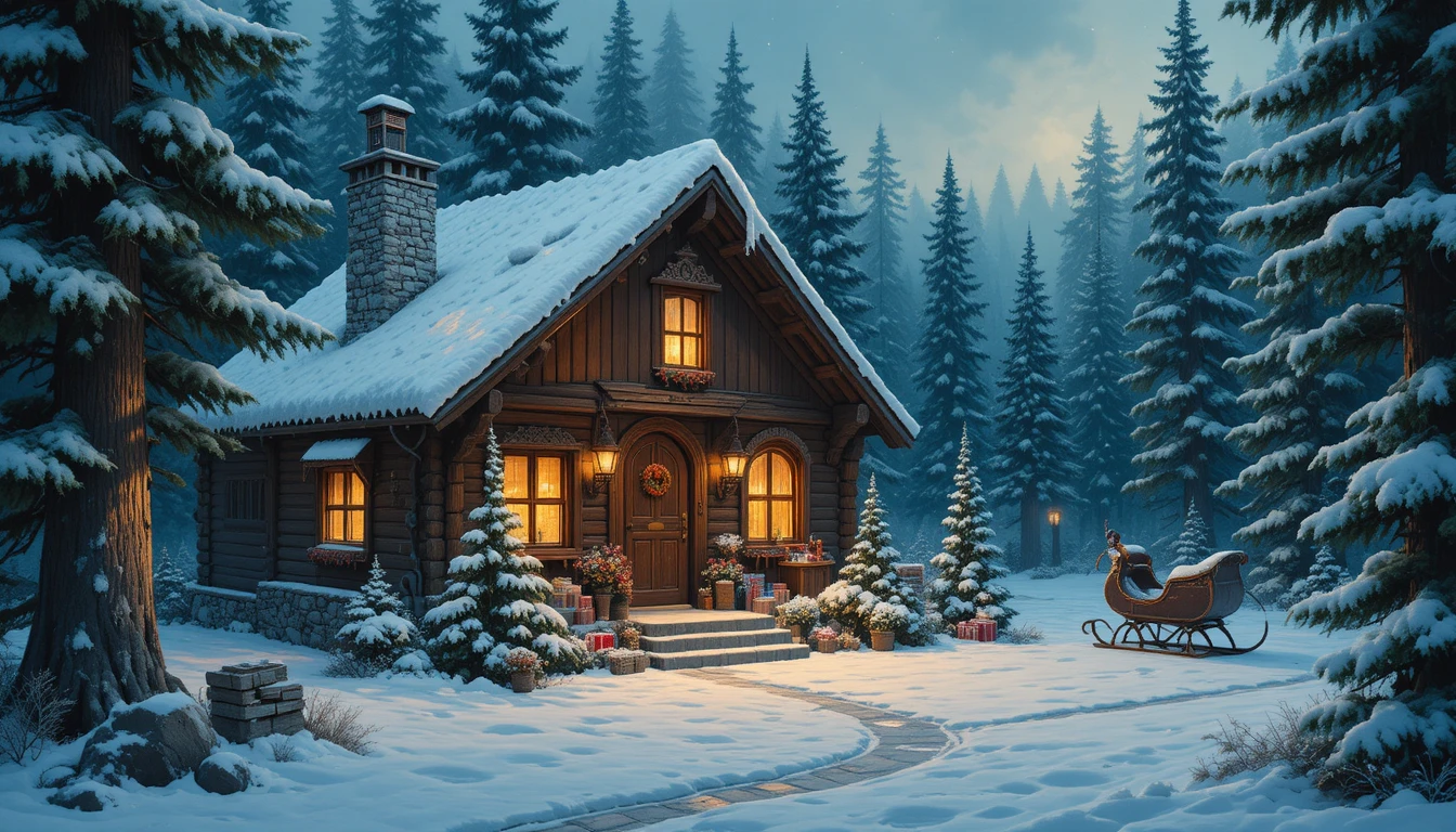 Cozy wooden cottage glowing in a snowy twilight forest