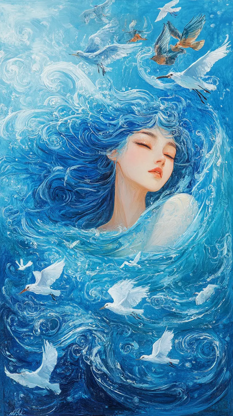 Frau mit blauem Haar, das mit einem ruhigen Meer verschmilzt